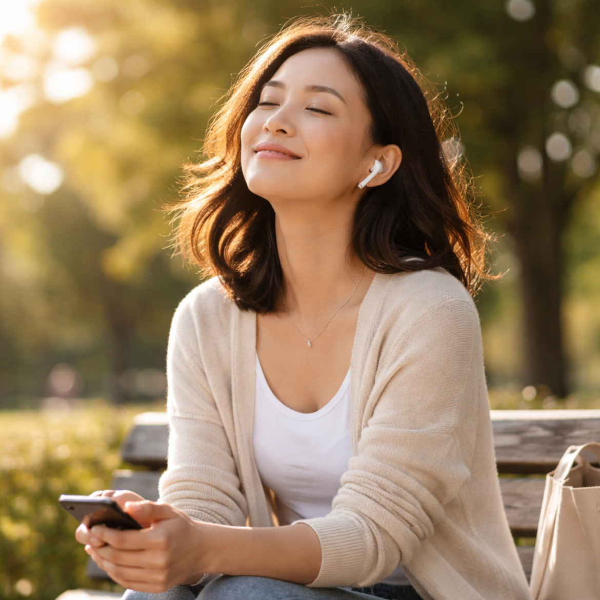 An asian lady sitting in a park, smiling with eyes closed and listening to music through headphones