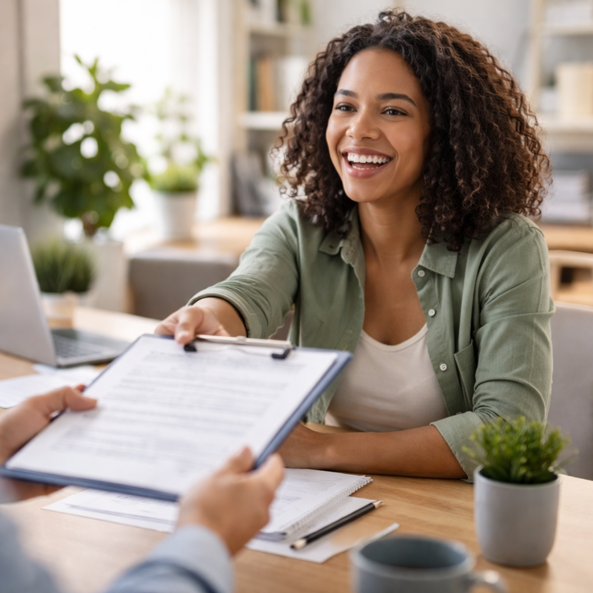 african american woman smiling while handing back paperwork