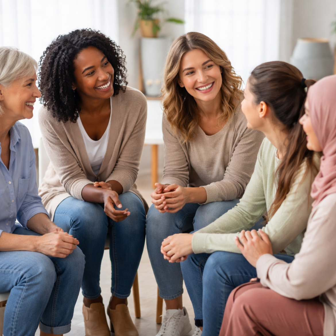 women of different backgrounds sitting in a group therapy circle