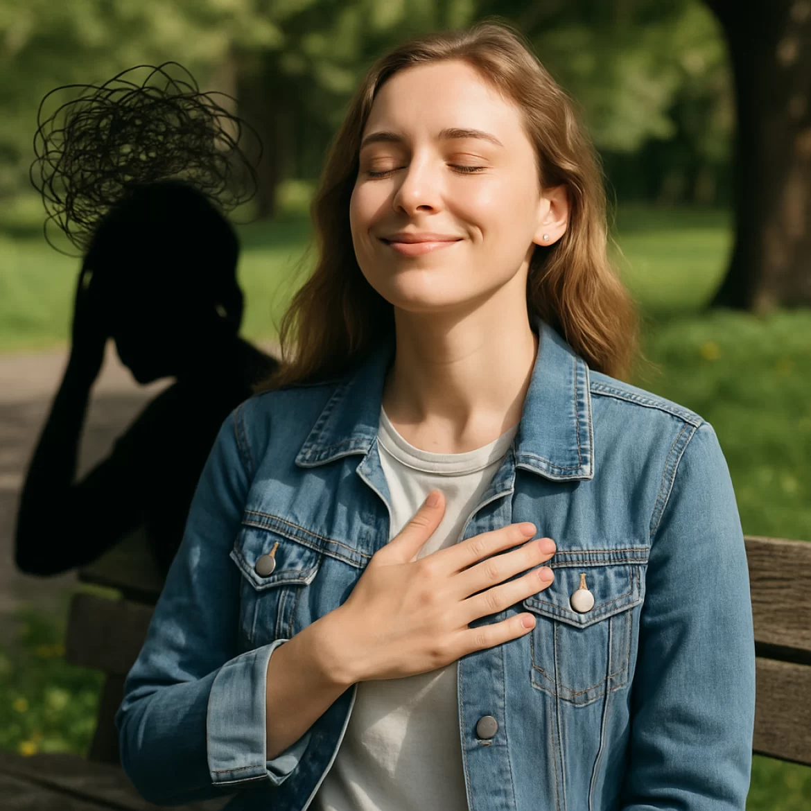 a female pressing one hand over her heart in peace as a sign of overcoming their anxious thoughts that is seen in the background as a black shadow