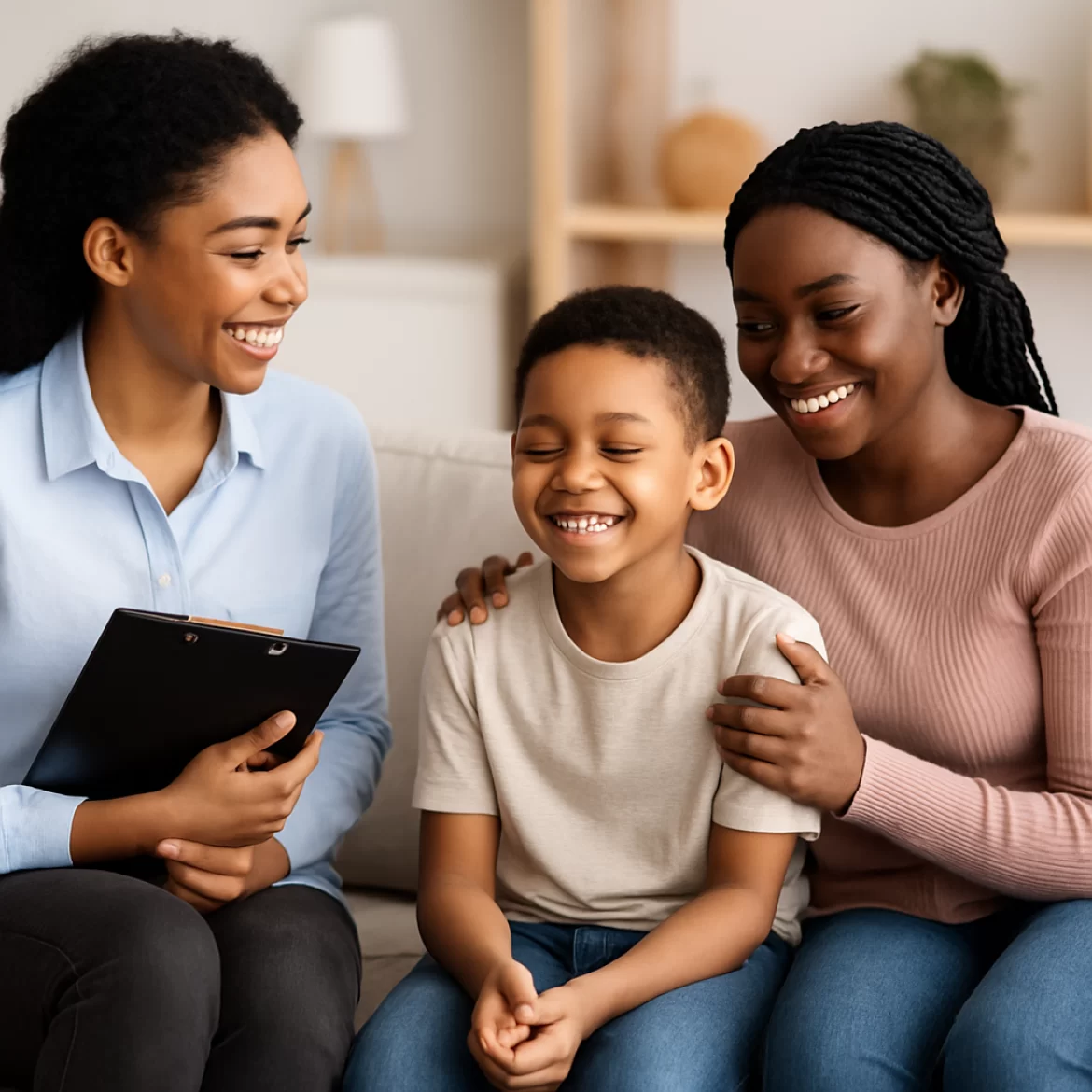a bipoc therapist, mom, and child, smiling during a successful therapy session