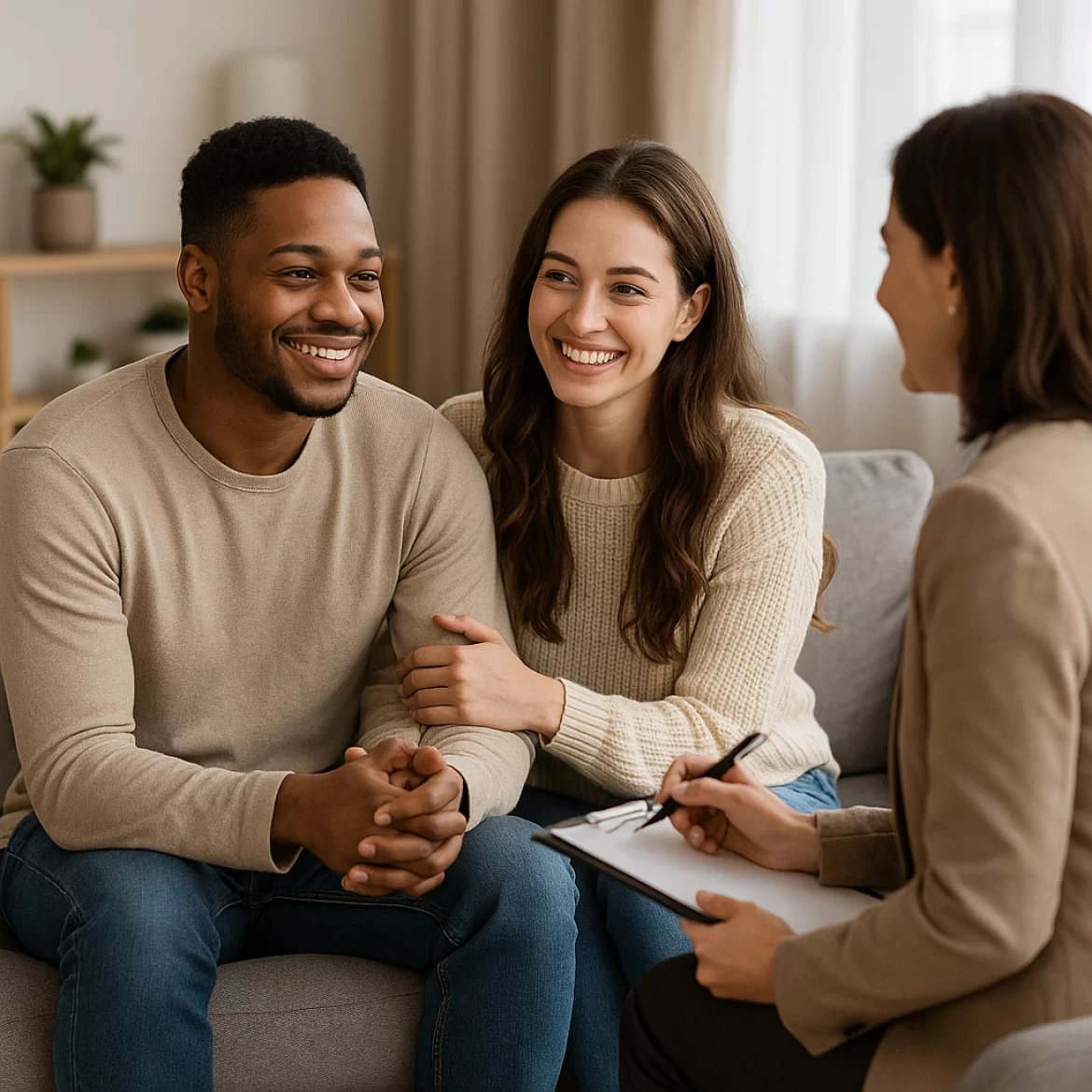 a satisfied looking interracial couple with a therapist during a session