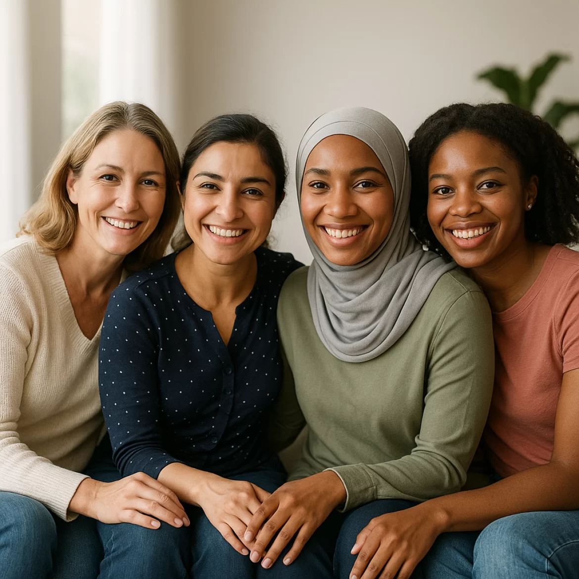 a group of women from different backgrounds sitting together and smiling