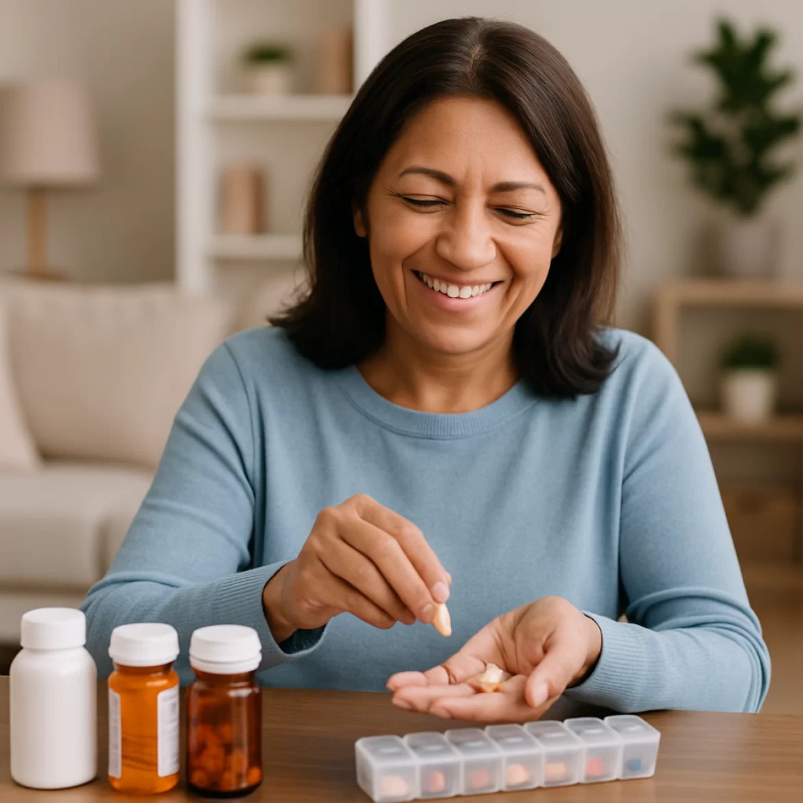 a middle aged woman organizing her medicines