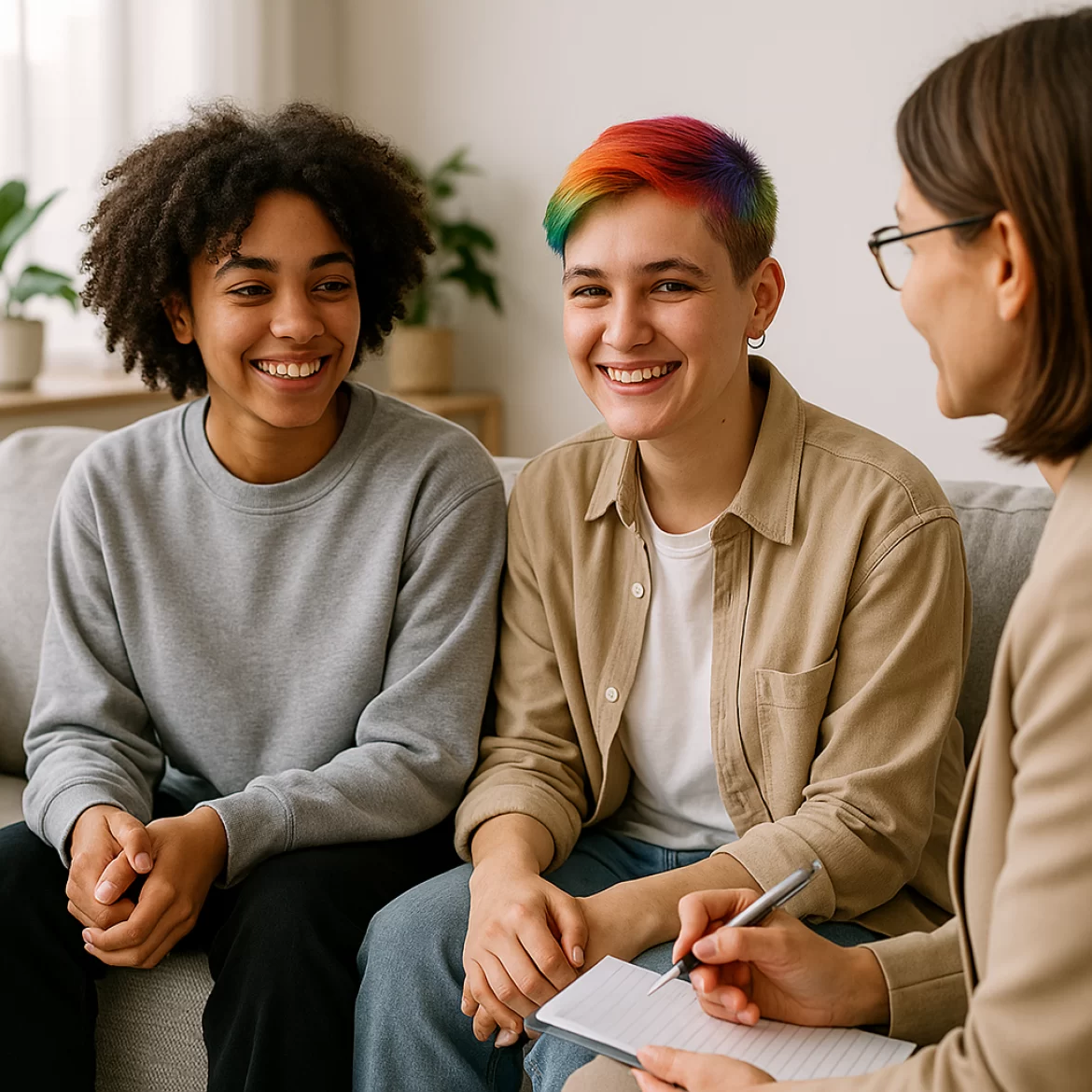 a bipoc teen and a queer teen sitting with a therapist during a session