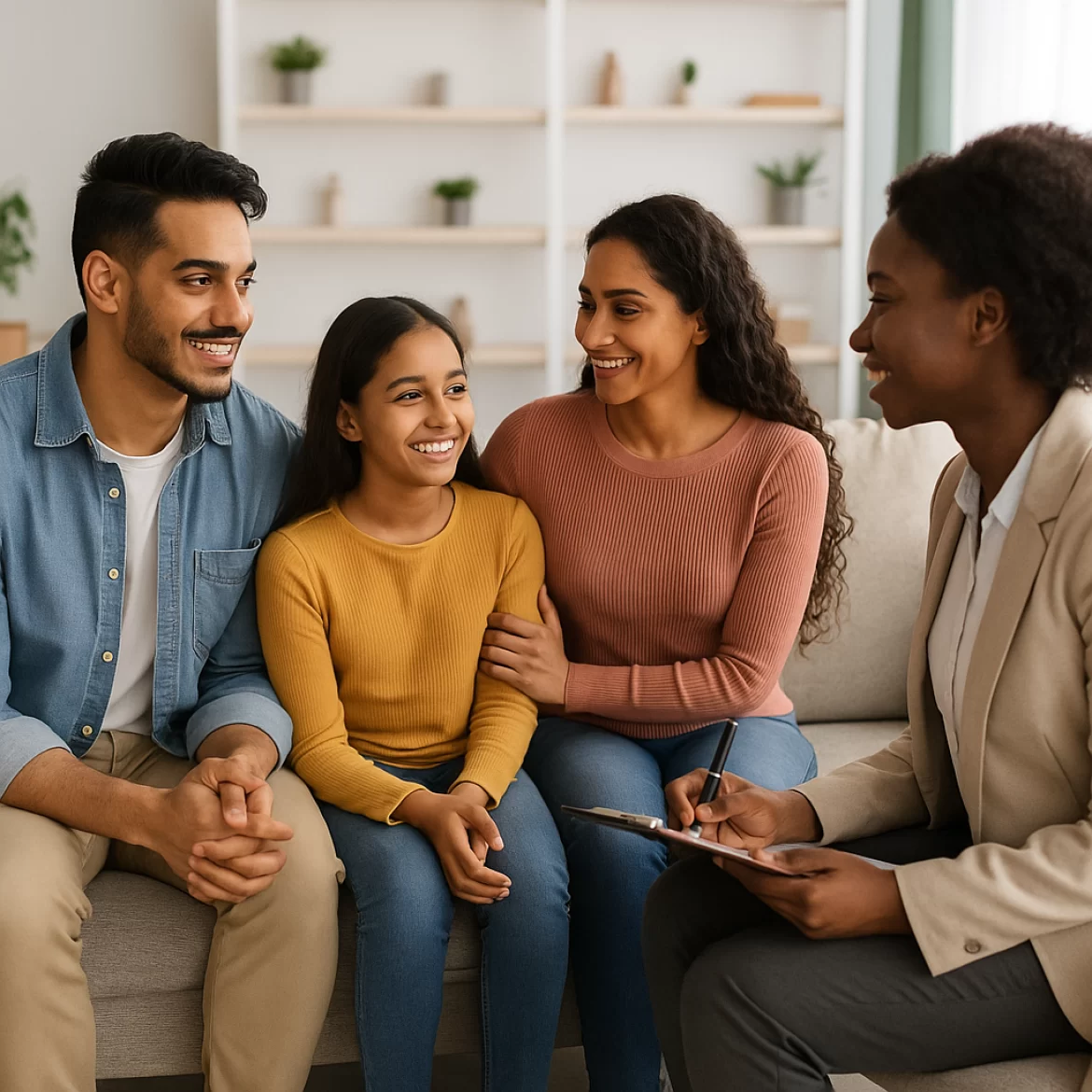 a south asian family sitting with their therapist during a session