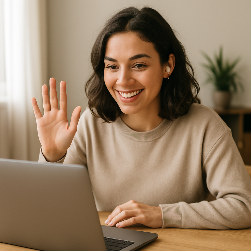 a girl waving hi to her laptop camera with a smile