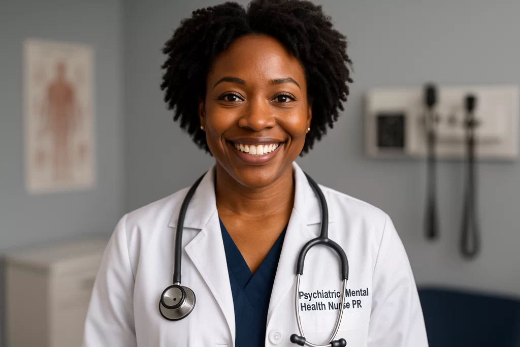 An african american mental health nurse smiling while wearing her white work coat with a stethoscope around her neck