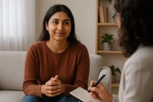 A south asian lady having a satisfying therapy session with a therapist